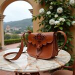 Brown leather shoulder bag on marble table with scenic garden archway and mountain backdrop