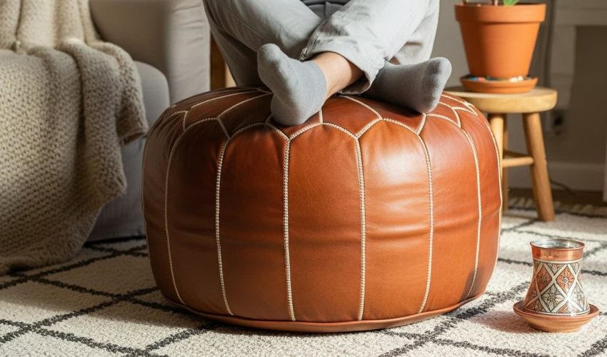 A beautiful, firm, and fully stuffed natural brown Moroccan leather pouf being used as a footrest in a sunlit, bohemian living room.
