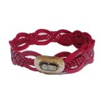 Burgundy red braided leather belts for women with Celtic knotwork and handcrafted gold medallion buckle detail