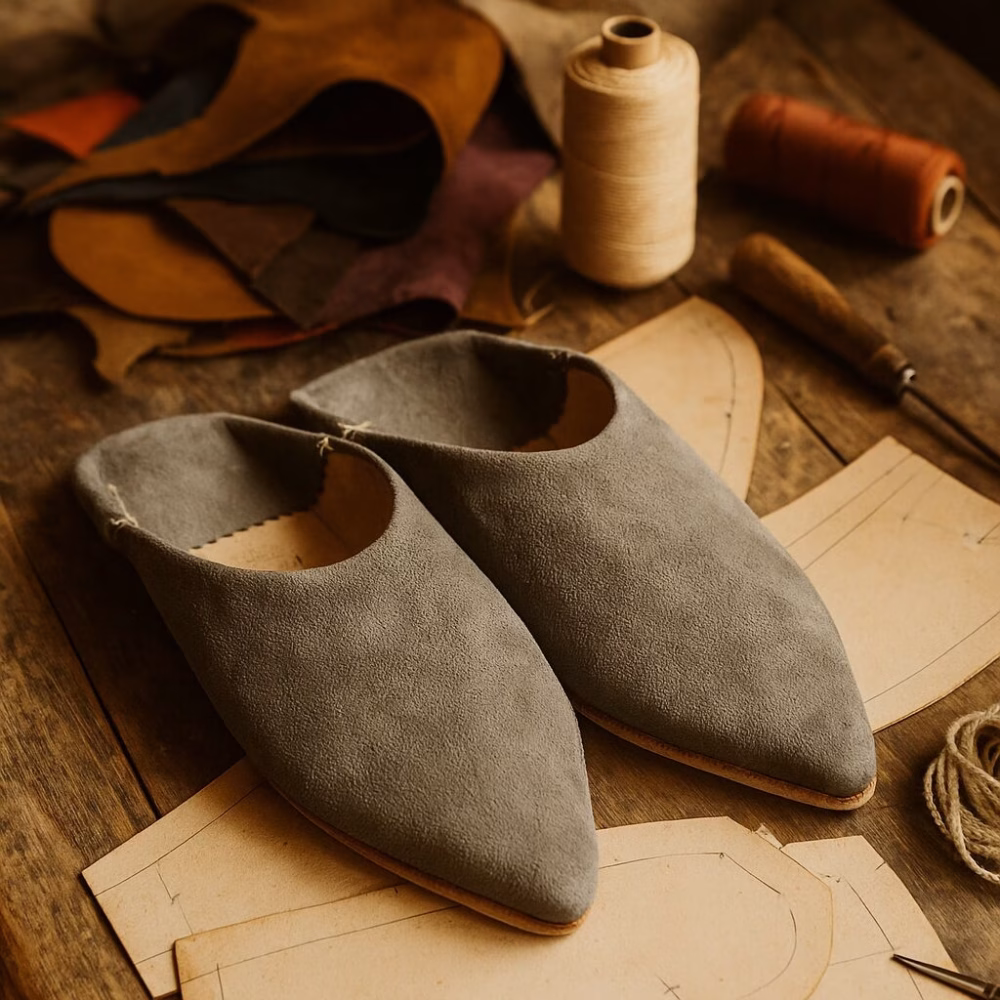 Gray suede Moroccan slippers on artisan workbench surrounded by leather swatches, spools of thread, and hand-drawn patterns, highlighting craftsmanship.