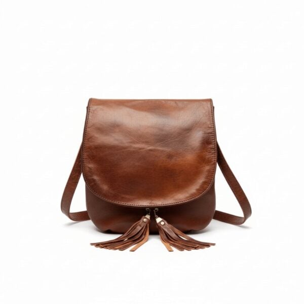 Brown leather crossbody bag with tassel detail and curved flap, handcrafted genuine leather purse on white background