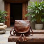 Genuine leather crossbody bag in brown with dual tassels, handcrafted purse on wooden surface outdoors