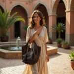 Model wearing cream dress with dark brown leather handbag set over shoulder in sunny archway location