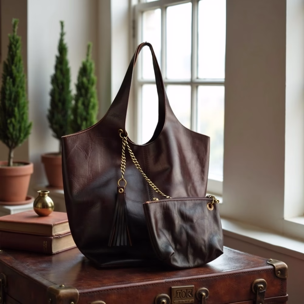 Interior setting featuring dark brown leather bag set