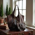 Dark brown leather handbag set with matching wallet displayed on vintage trunk near window with natural light