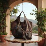 Handcrafted dark brown leather handbag set with brass hardware on rustic table framed by terracotta archway