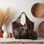Styled shot of handbag set with natural decor elements