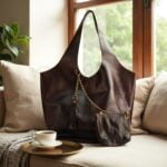 Dark brown leather handbag set on cream sofa with matching wallet, brass chain, and coffee cup styling
