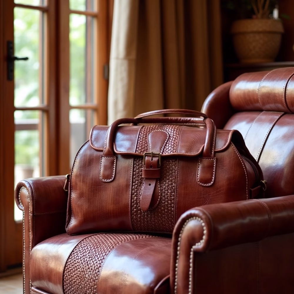 Detail shot of leather duffle bag's premium finish