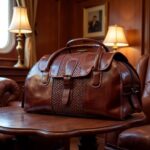 Luxury brown leather travel bag for men displayed on round table with vintage lamps and wood paneling