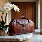 Artisan brown leather travel bag for men showcased on marble surface near entrance with orchids