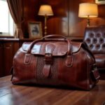 Handcrafted brown leather travel bag for men on wooden table in elegant interior setting