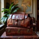 Vintage brown leather travel bag for men stacked on antique suitcases with world map backdrop