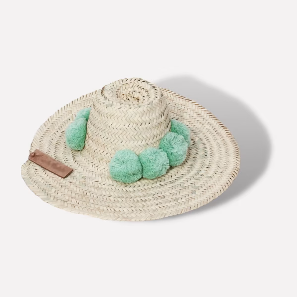 Mint green pompom detailed Moroccan straw beach hat