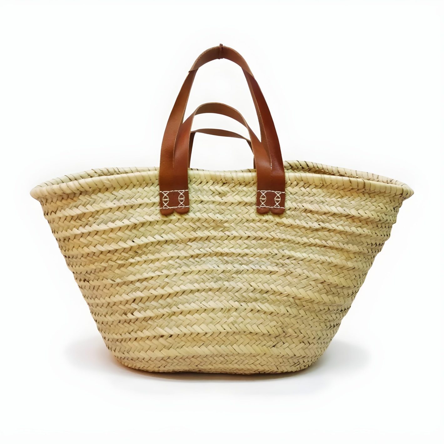 Moroccan Straw Tote Bag With Short and Long Leather Handles (2) Natural straw tote bag with dual leather handles on white background