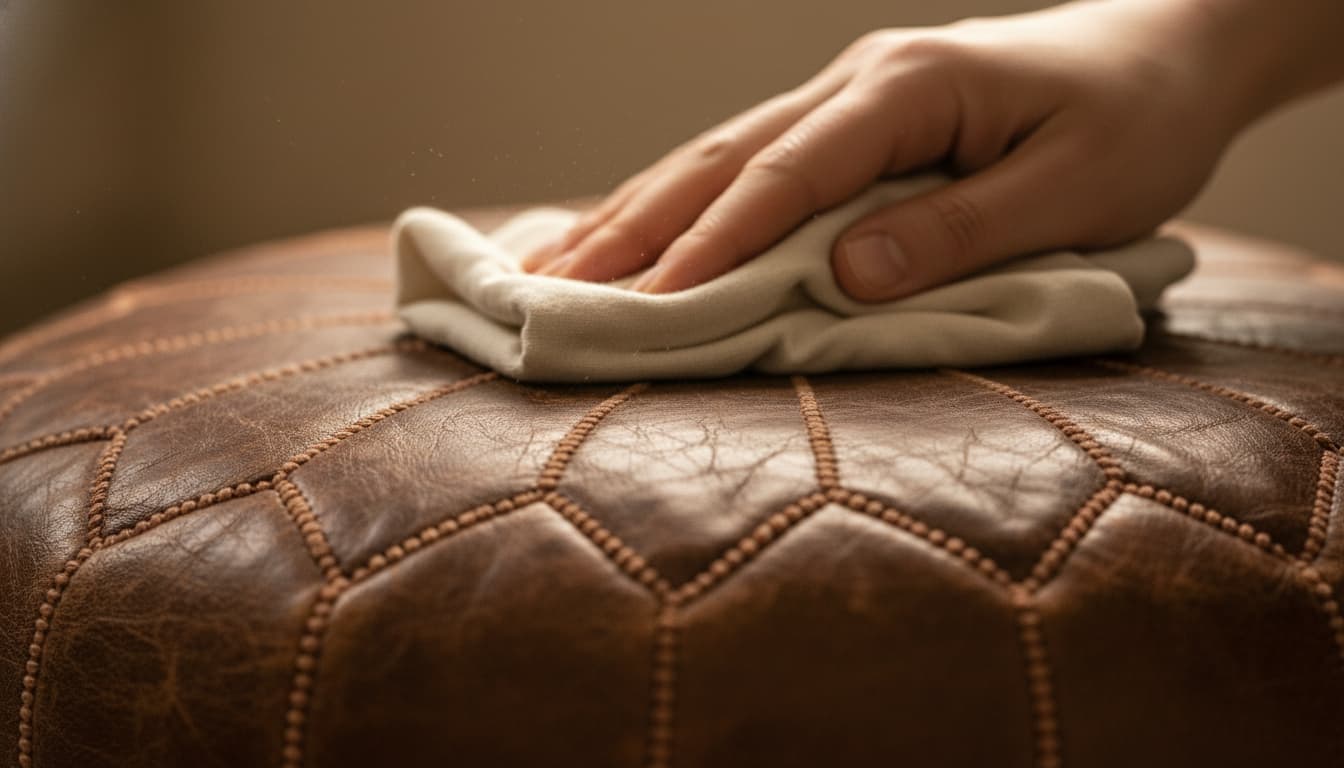The Ultimate Guide on How to Fill Your Moroccan Leather Pouf A close-up of a hand dusting a rich, naturally aged brown leather pouf with a soft cloth.
