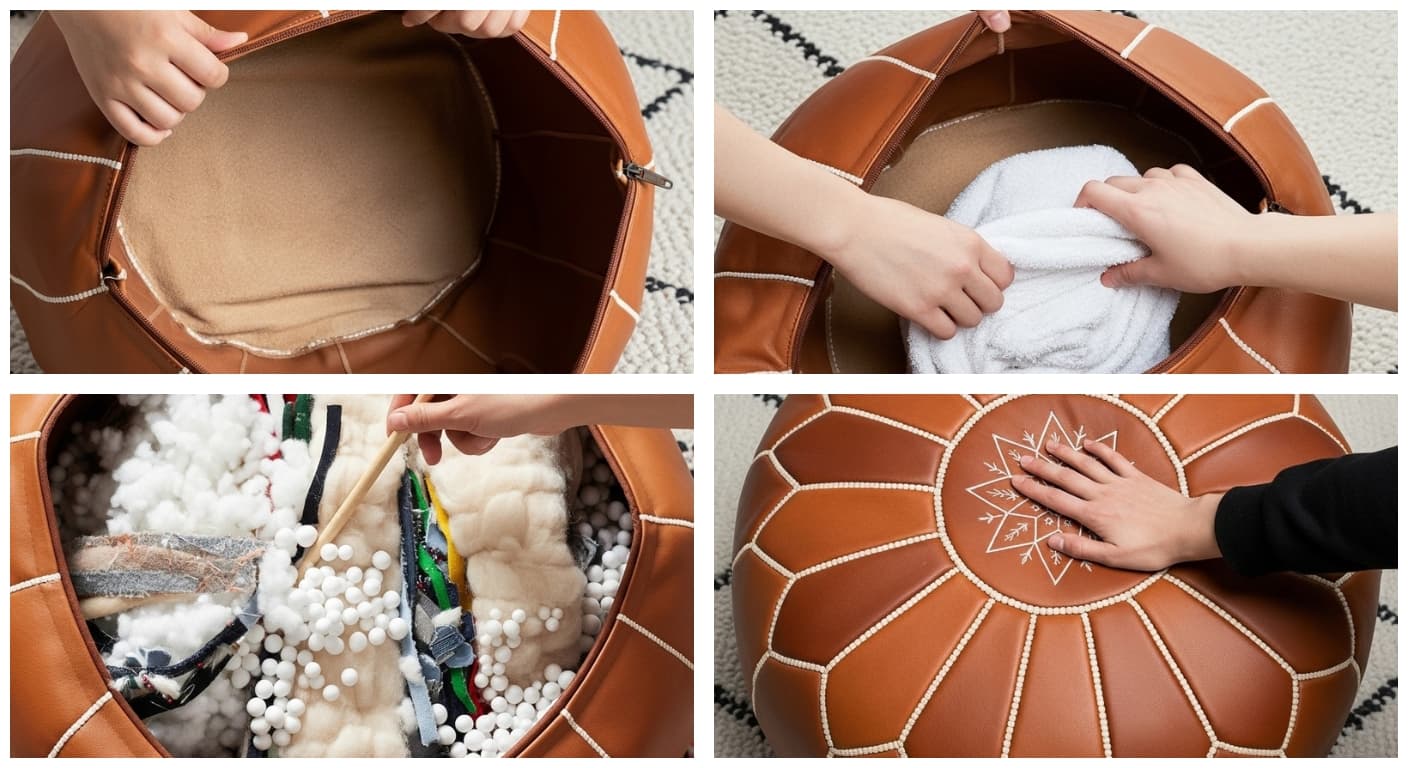 The Ultimate Guide on How to Fill Your Moroccan Leather Pouf A four-panel visual guide showing the steps: opening the pouf, starting to stuff, compacting the filling with a stick, and achieving the final, firm shape.