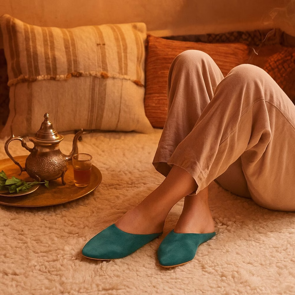 Relaxed lounge scene with wearer in linen pants enjoying tea while sporting teal Moroccan slippers on a plush Berber rug beside brass tray.