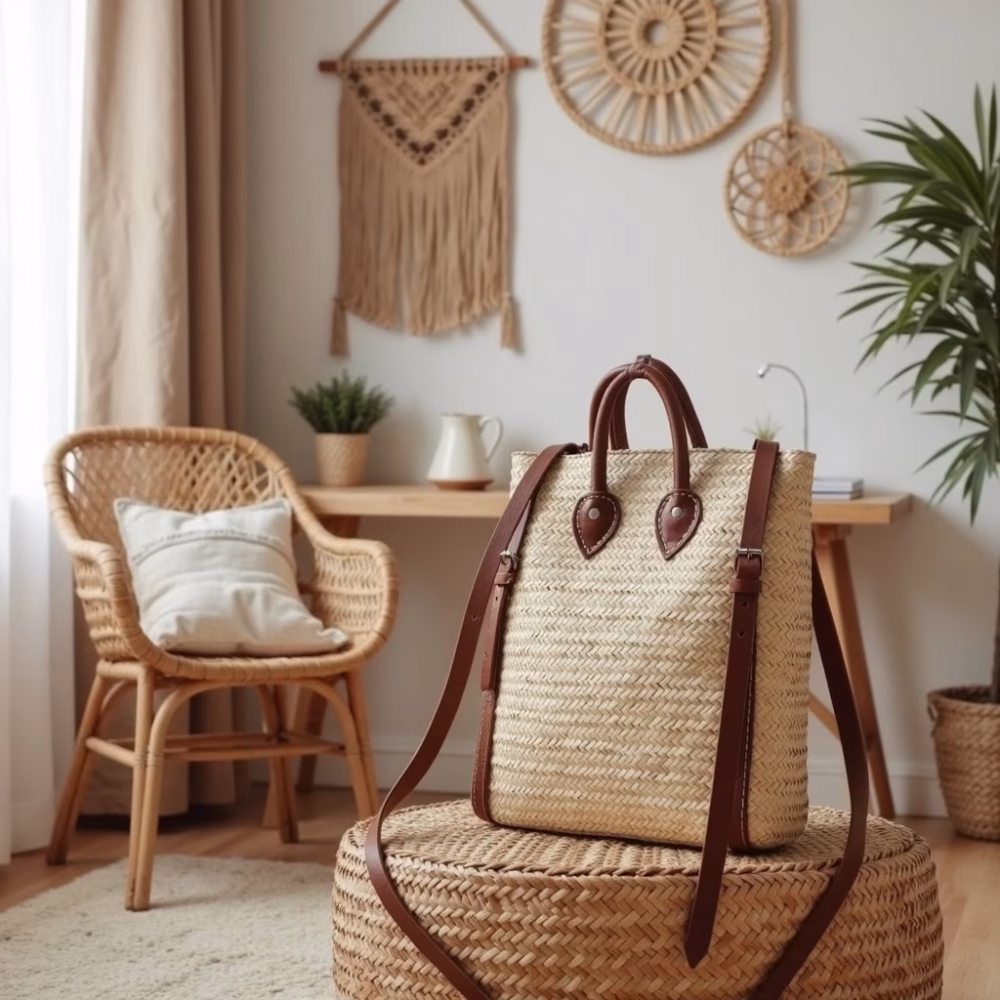 Natural straw backpack purse with leather straps in boho living room setting