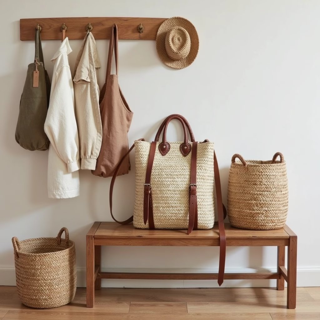 Natural straw backpack purse with leather straps on bench, eco-friendly convertible tote in minimalist entryway