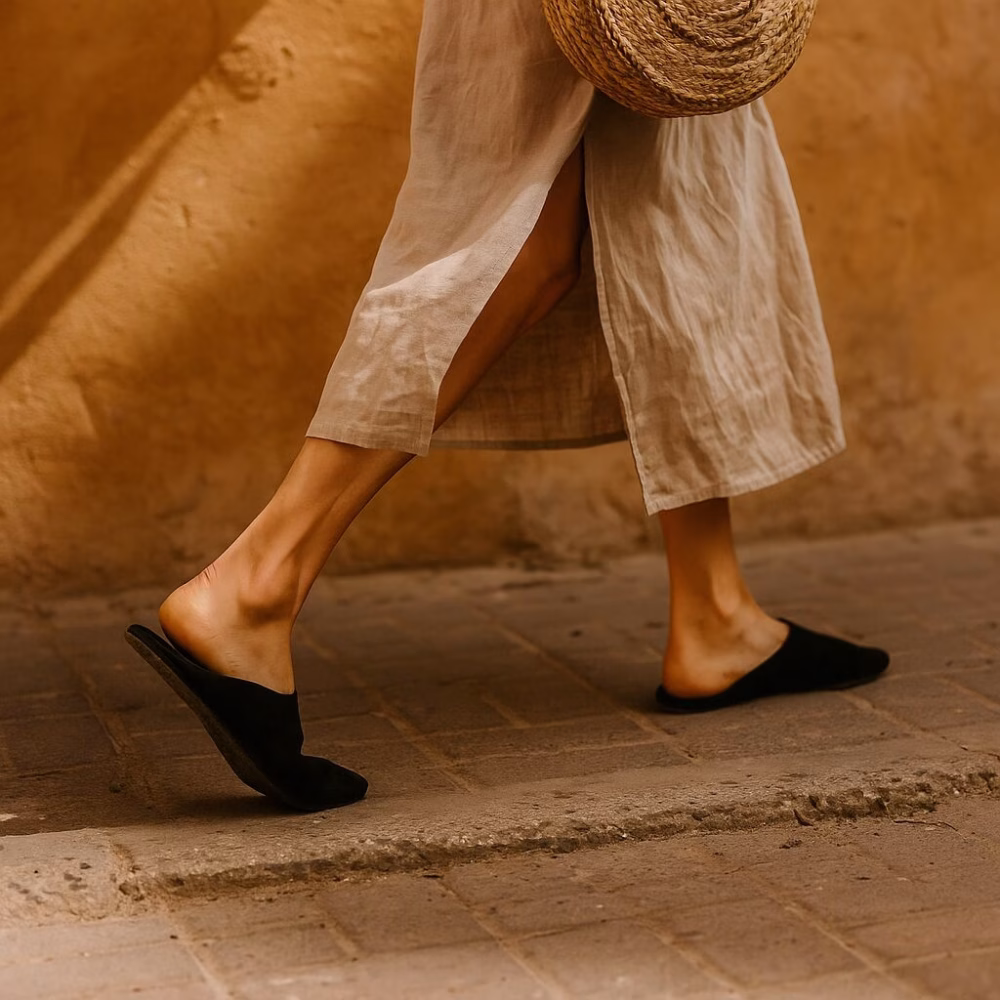Street-style shot of woman walking in black Moroccan slippers and linen skirt, carrying woven basket against warm adobe wall.