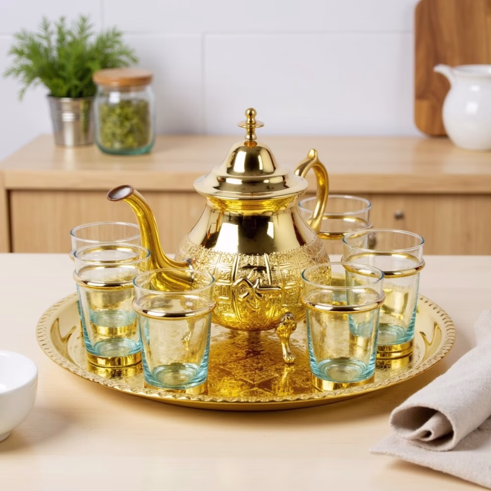Close-up of hand-engraved brass teapot showing traditional Moroccan patterns