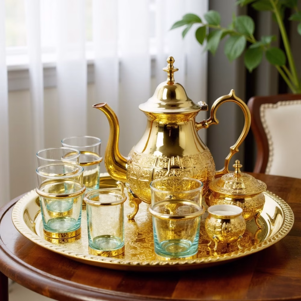 Side view of gold tea set highlighting ornate handle and spout details