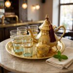 Elegant brass tea set 9-piece with sugar bowl placed on a round marble table in a warm bistro environment, accented by fresh mint leaves resting on a folded linen napkin.