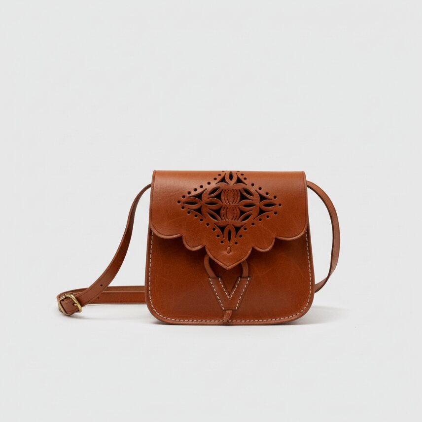 Brown Leather Shoulder Bag with Embossed Cutwork - MCLTB13 (Featured Back) Brown leather shoulder bag with embossed cutwork design, scalloped flap closure, and adjustable strap on light background