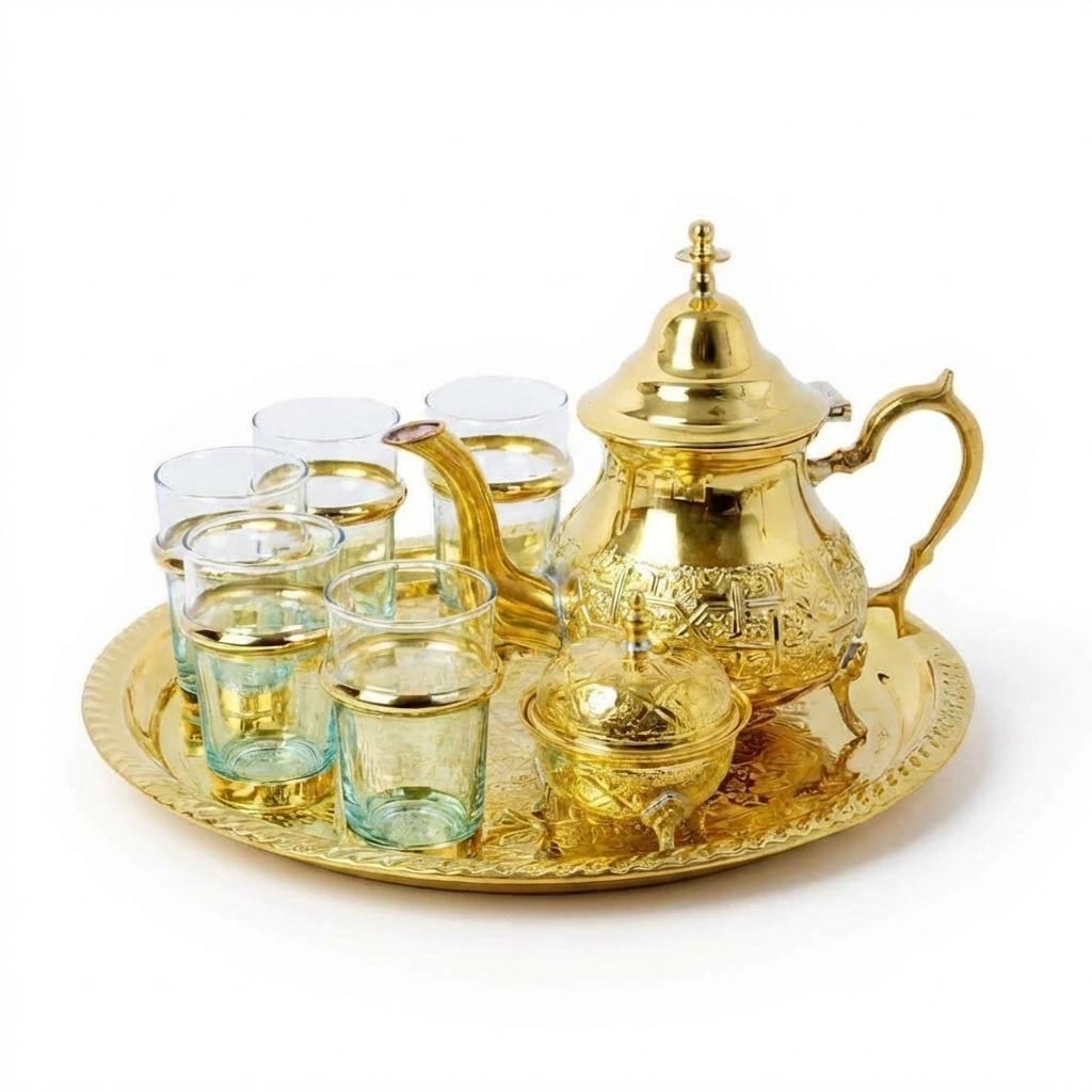 moroccan brass tea set (1) Hand-Engraved Brass Tea Set - Traditional 9-Piece Ceremonial Collection - Image 1