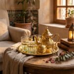 Steaming moroccan brass tea set arranged on a rustic wooden coffee table in a warm, sunlit Moroccan riad interior with zellige tilework.