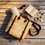 Overhead flat lay of handwoven straw backpack purse with dark brown leather straps on sun-bleached boardwalk, styled with linen towel, sunglasses and seashells