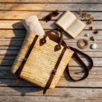 Overhead flat lay of handwoven straw backpack purse with dark brown leather straps on sun-bleached boardwalk, styled with linen towel, sunglasses and seashells