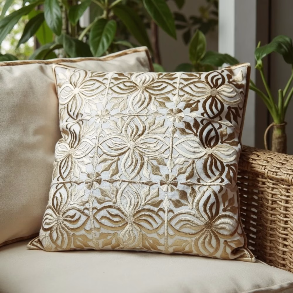 Beige pillow cover with floral hand embroidery in modern setting