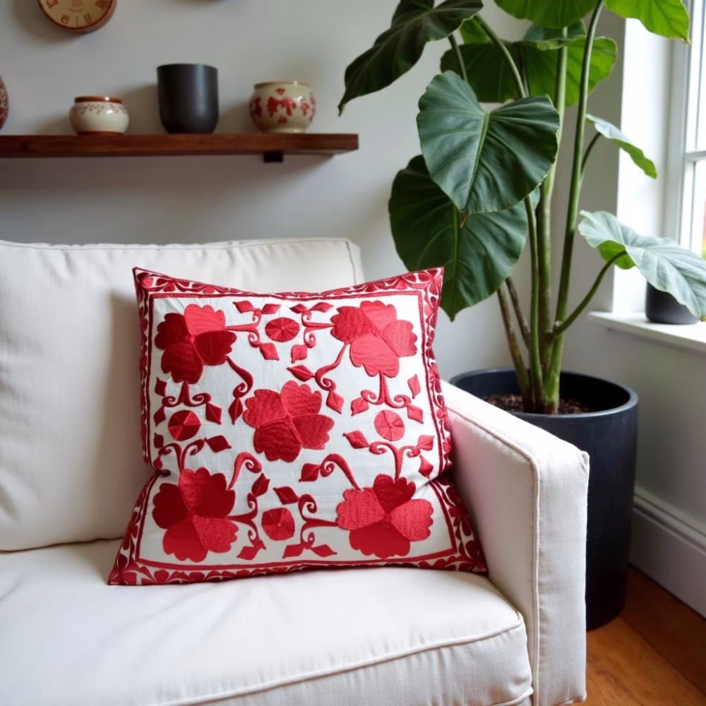 Red Moroccan pillow with floral pattern on white chair
