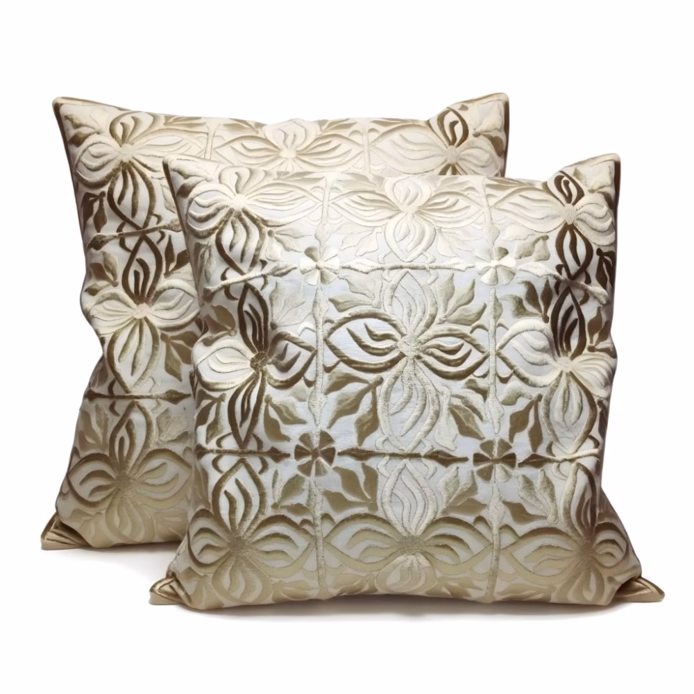 Set of two hand embroidery pillow covers featuring beige floral pattern