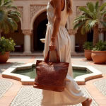 Woman with woven leather handbag in Mediterranean courtyard