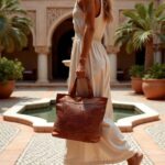 Handwoven leather tote bag with basketweave detail held near Moorish fountain