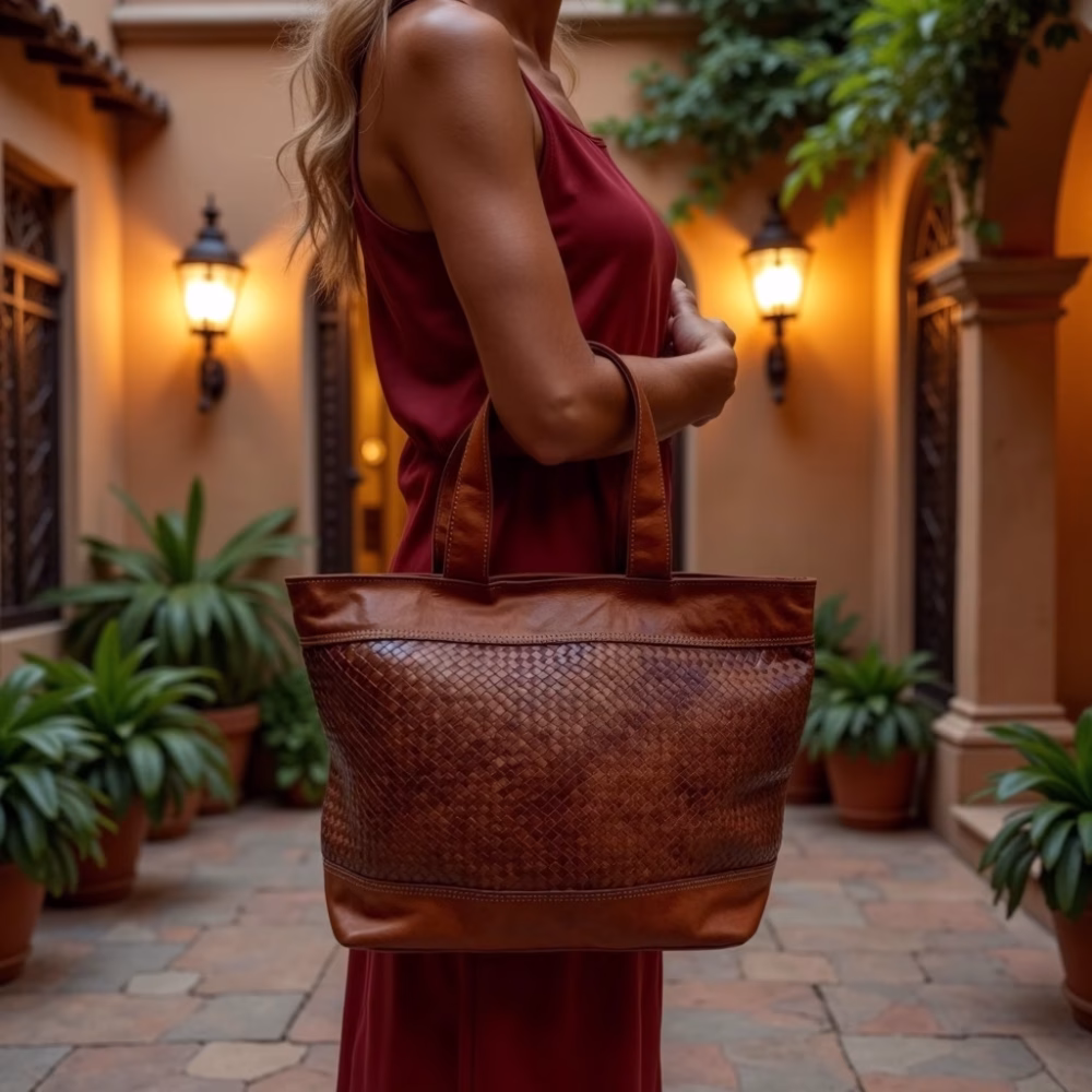 Side view of model carrying woven leather handbag