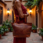 Side view of model carrying woven leather handbag