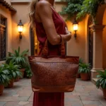 Woman in burgundy dress carrying handwoven leather tote bag in courtyard setting