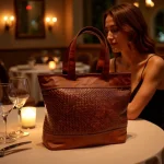 Close-up of handwoven leather tote bag basketweave texture at elegant dinner table