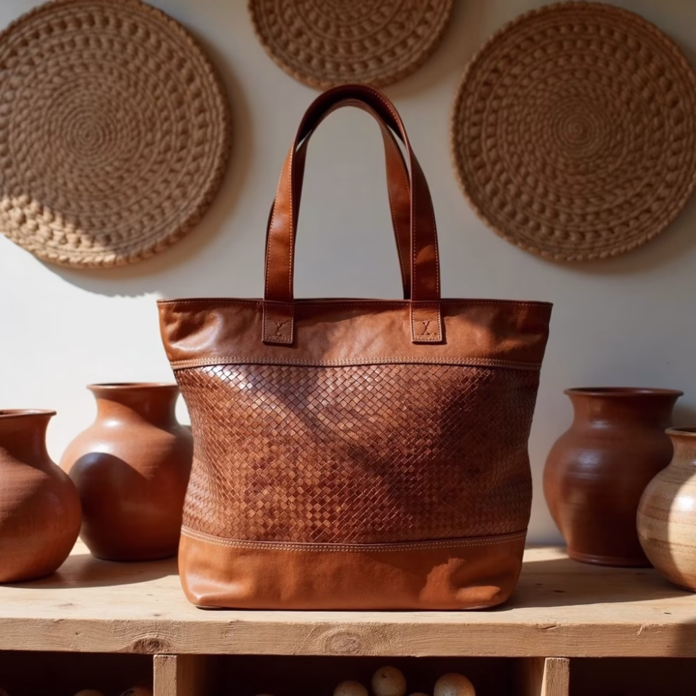 Woven leather handbag styled with ceramic decor