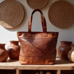 Woven leather handbag styled with ceramic decor