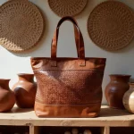 Handwoven leather tote bag with basketweave design on shelf with woven wall decor