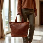 Man holding handwoven leather tote bag with basketweave brown panel in hotel room