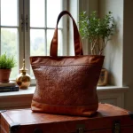 Handwoven leather tote bag with basketweave panel displayed on vintage leather suitcase