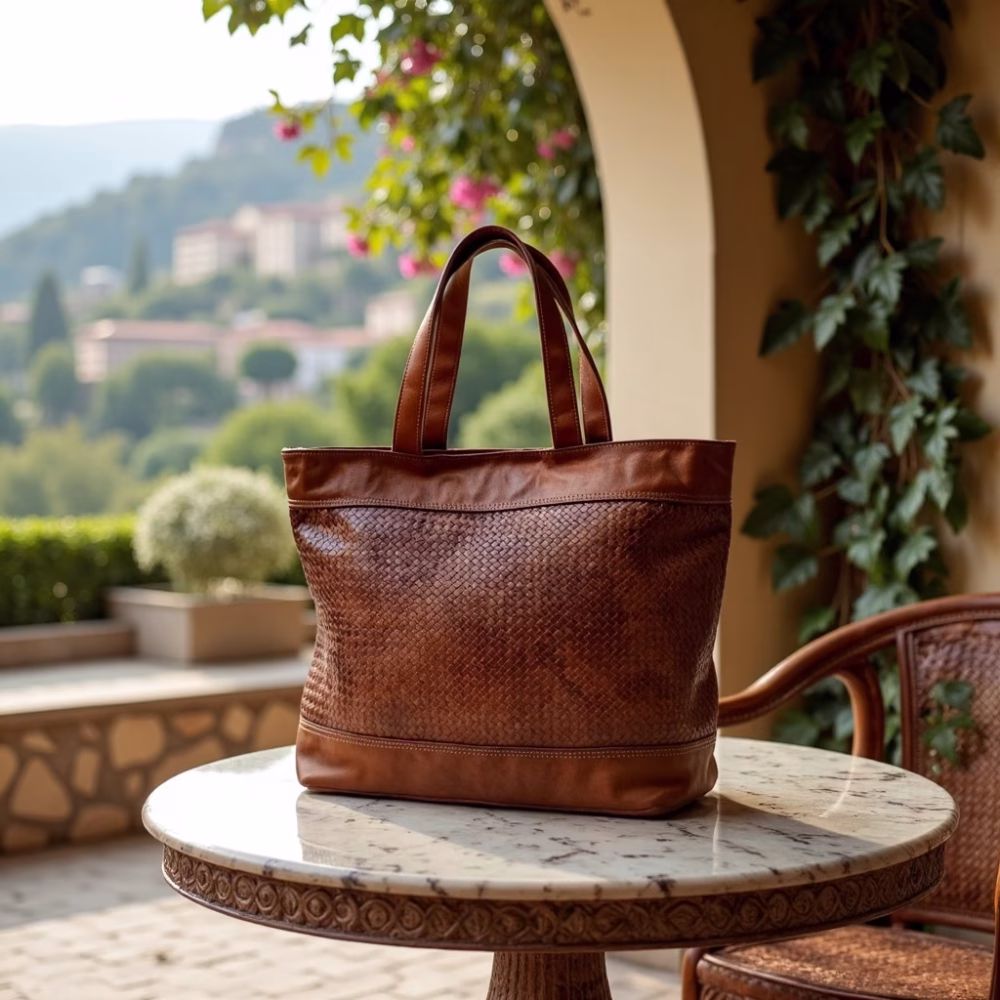 Product shot showing weave detail on leather handbag