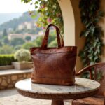 Handwoven leather tote bag with basketweave pattern styled with rustic pottery and wheat