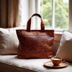 Styled indoor shot of woven leather handbag with coffee